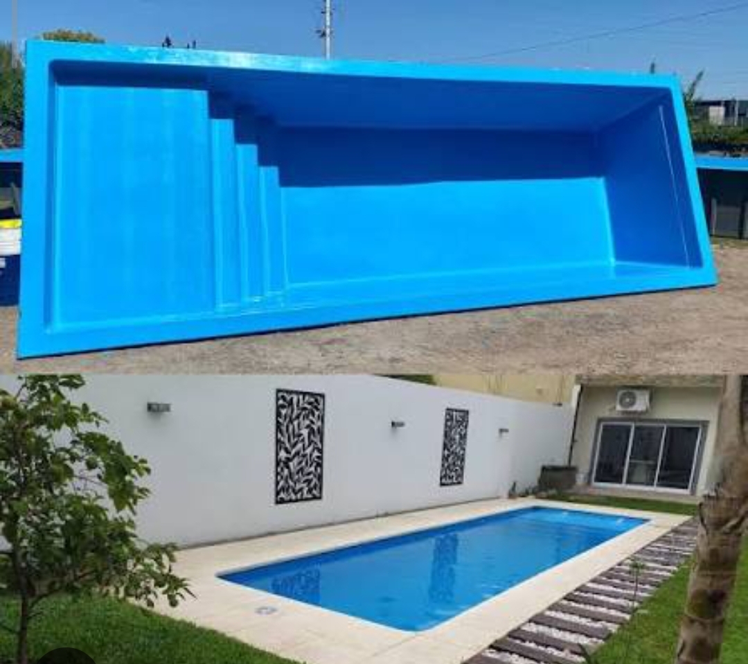 Piscina rectangular en fibra de vidrio antes y después de la instalación